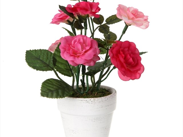 Planta artificial rosa poliester en maceta de terracota 16 cm 